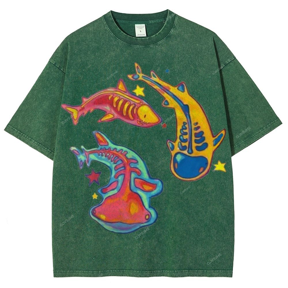 Unisex Colorful Cartoon Fish Printed Washed Tee