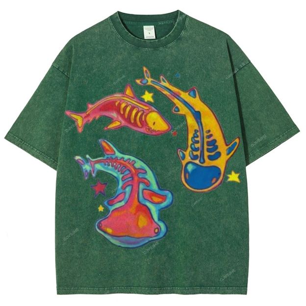 Unisex Colorful Cartoon Fish Printed Washed Tee