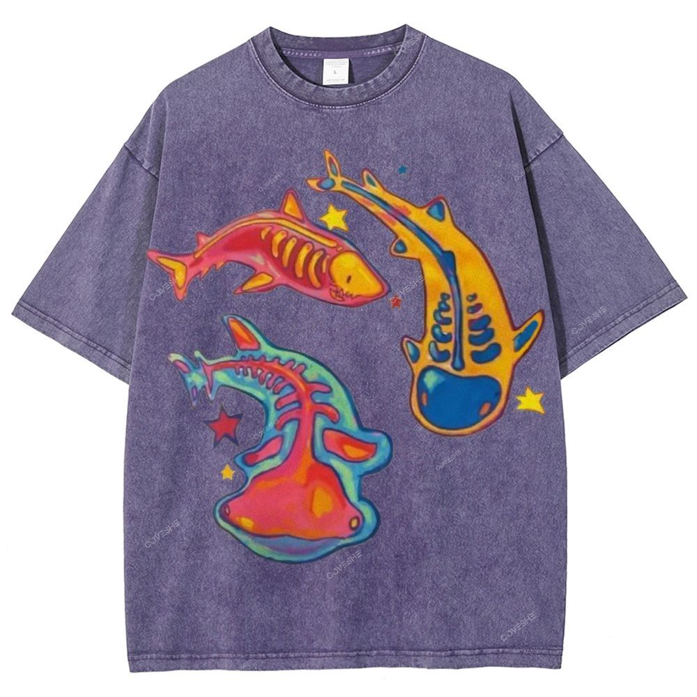 Unisex Colorful Cartoon Fish Printed Washed Tee
