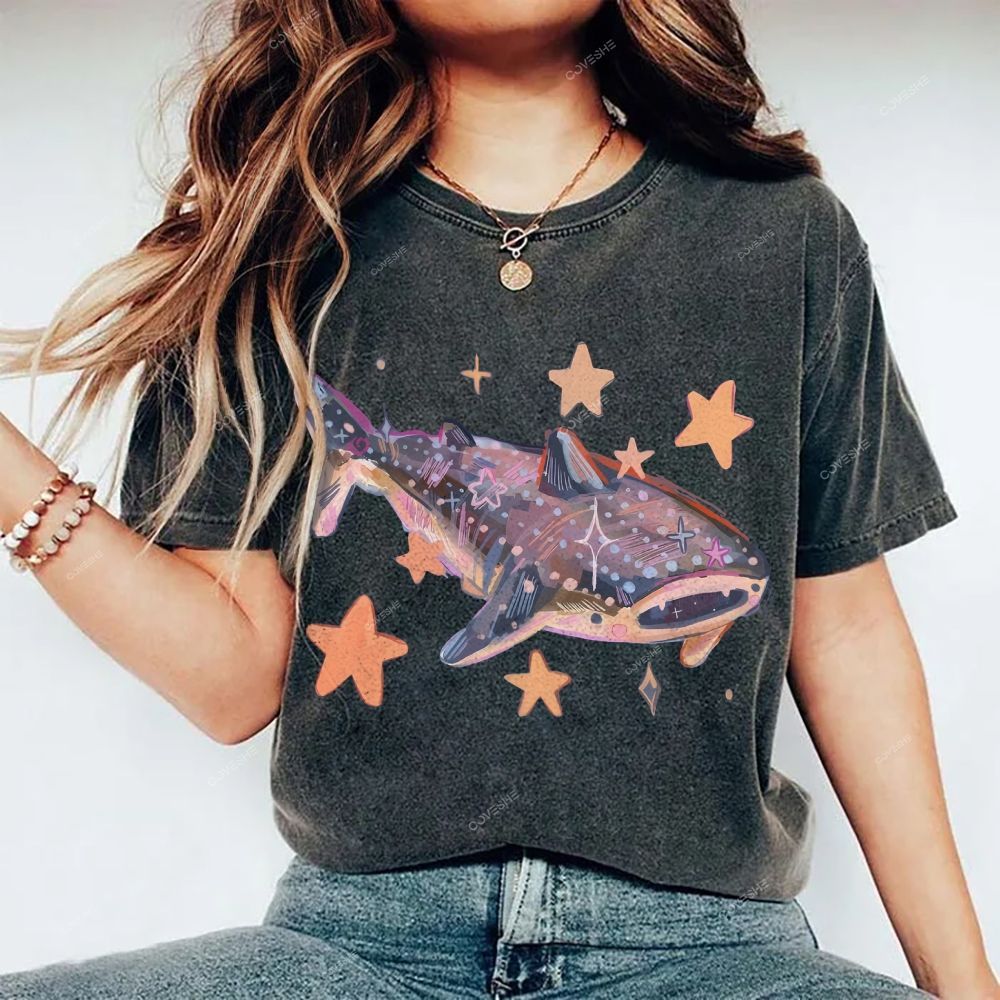 Unisex Cartoon Shark Printed Washed Tee