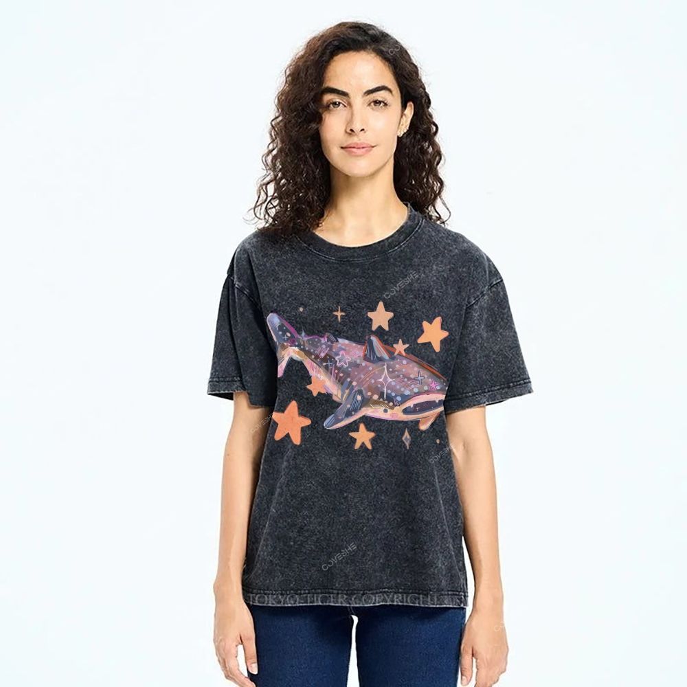 Unisex Cartoon Shark Printed Washed Tee