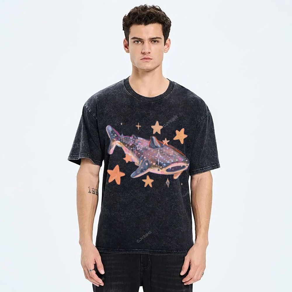 Unisex Cartoon Shark Printed Washed Tee