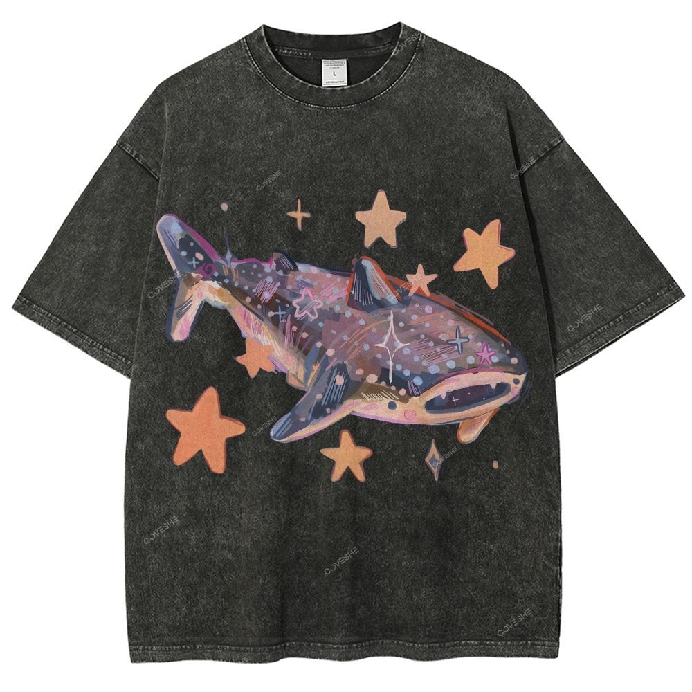 Unisex Cartoon Shark Printed Washed Tee