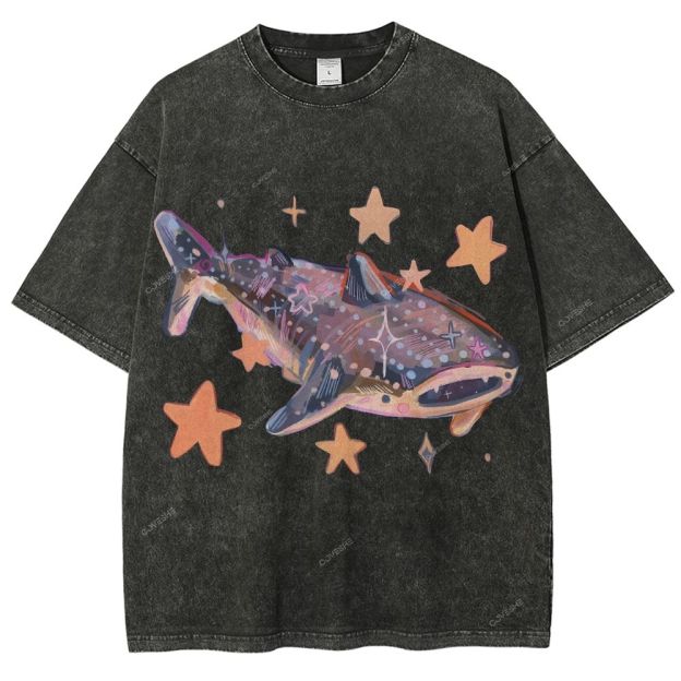 Unisex Cartoon Shark Printed Washed Tee