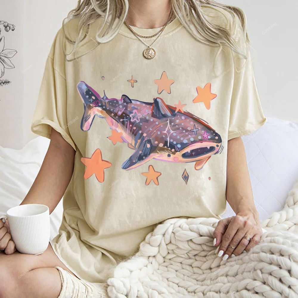 Unisex Cartoon Shark Printed Washed Tee