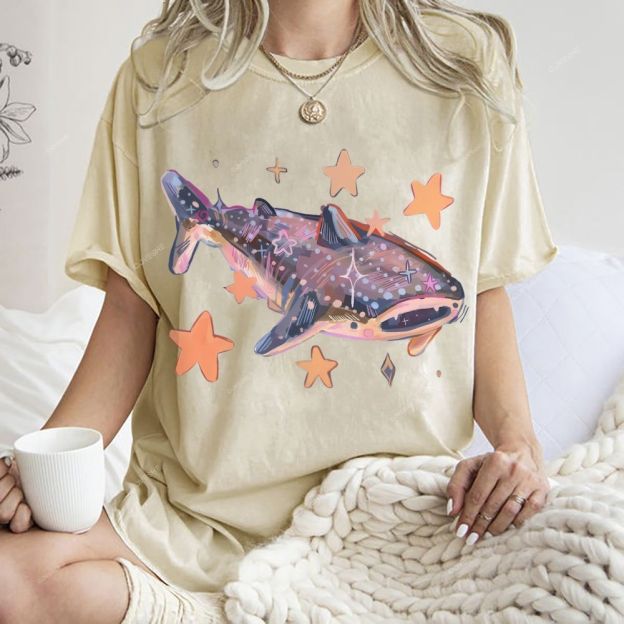 Unisex Cartoon Shark Printed Washed Tee