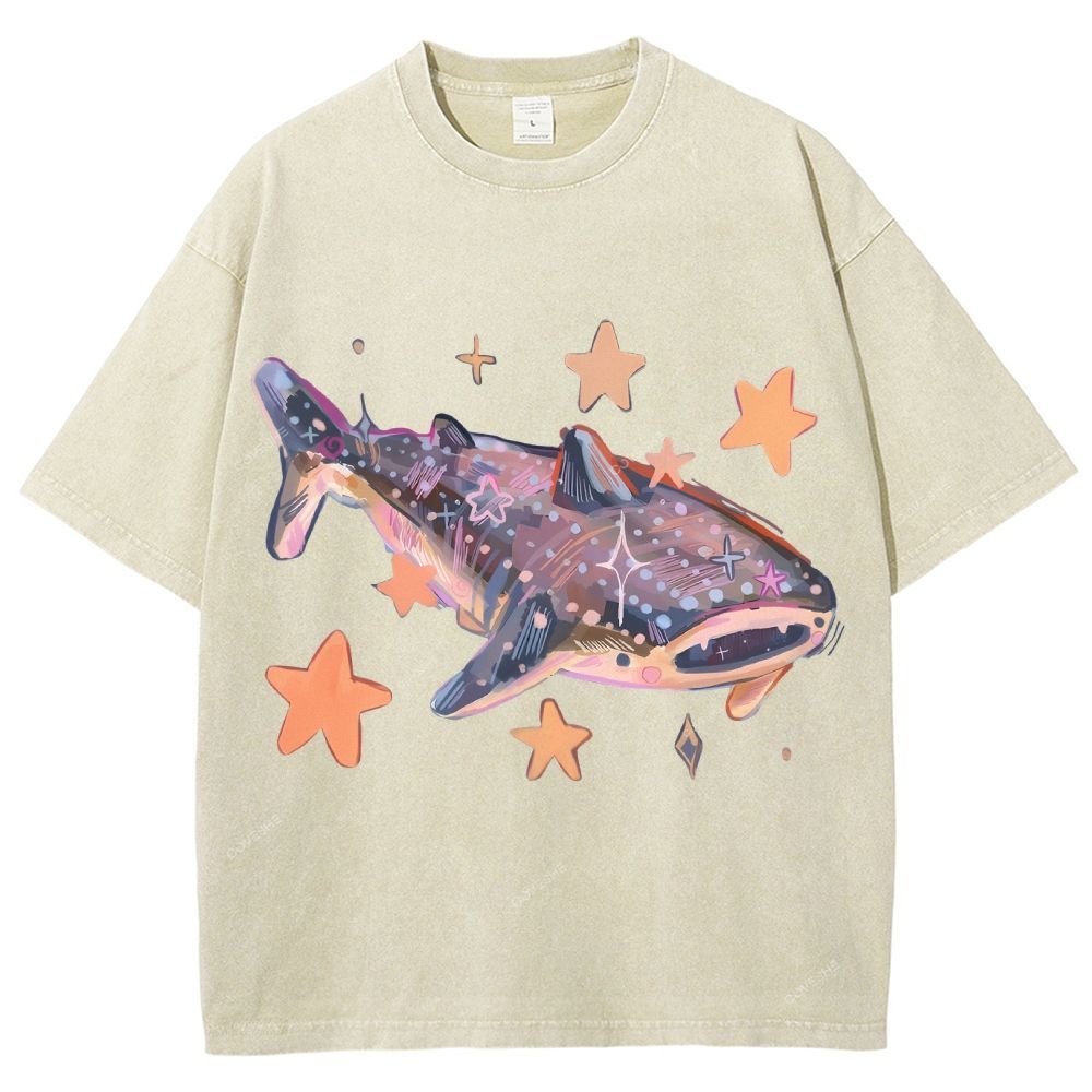 Unisex Cartoon Shark Printed Washed Tee