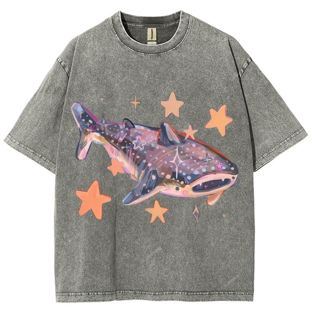 Unisex Cartoon Shark Printed Washed Tee