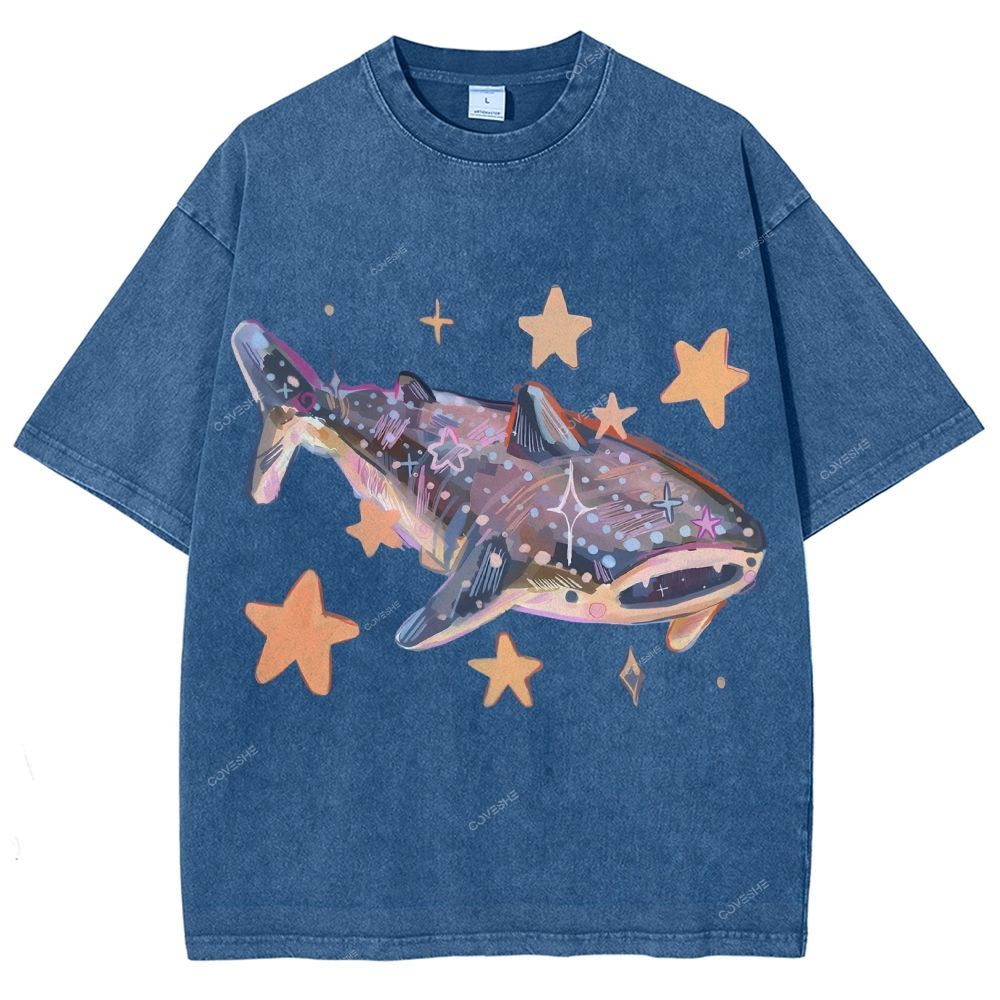 Unisex Cartoon Shark Printed Washed Tee