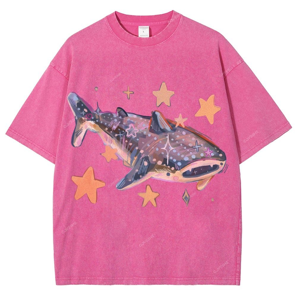 Unisex Cartoon Shark Printed Washed Tee