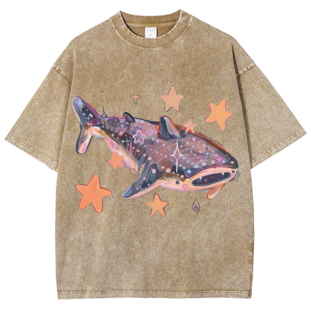 Unisex Cartoon Shark Printed Washed Tee