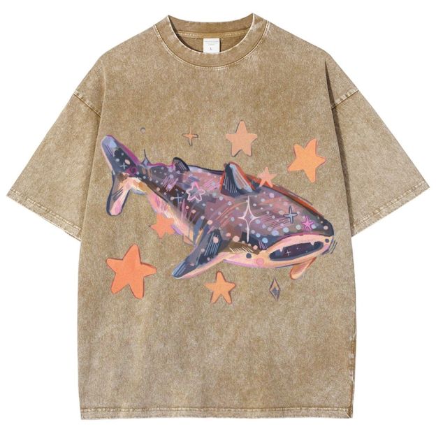 Unisex Cartoon Shark Printed Washed Tee