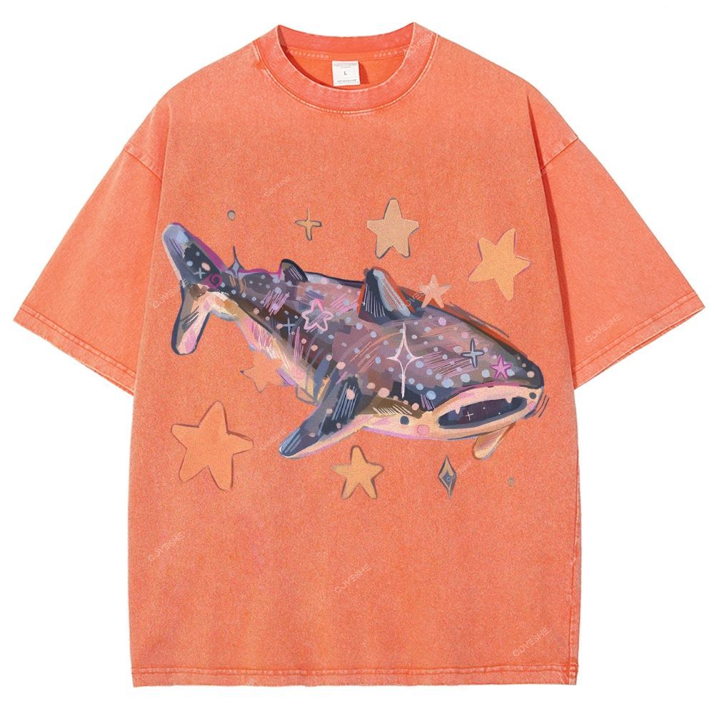 Unisex Cartoon Shark Printed Washed Tee
