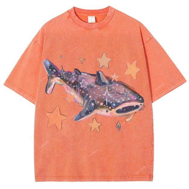 Unisex Cartoon Shark Printed Washed Tee