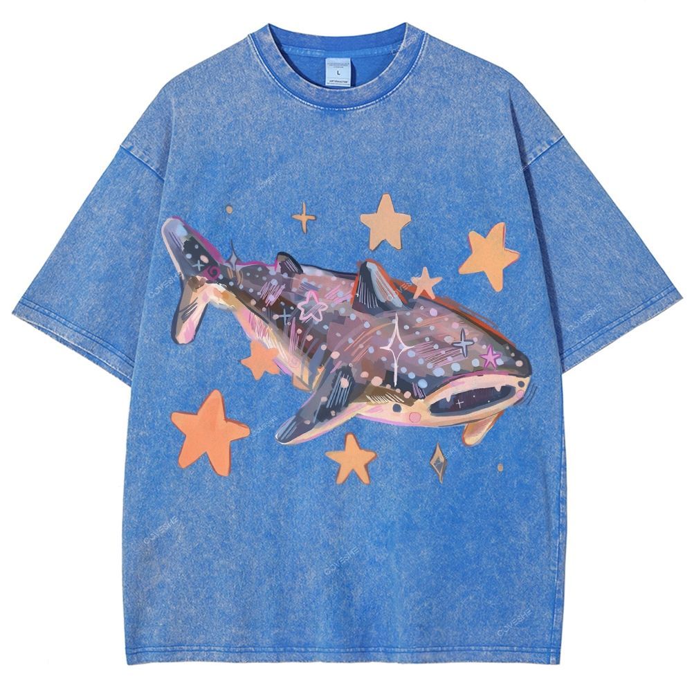 Unisex Cartoon Shark Printed Washed Tee