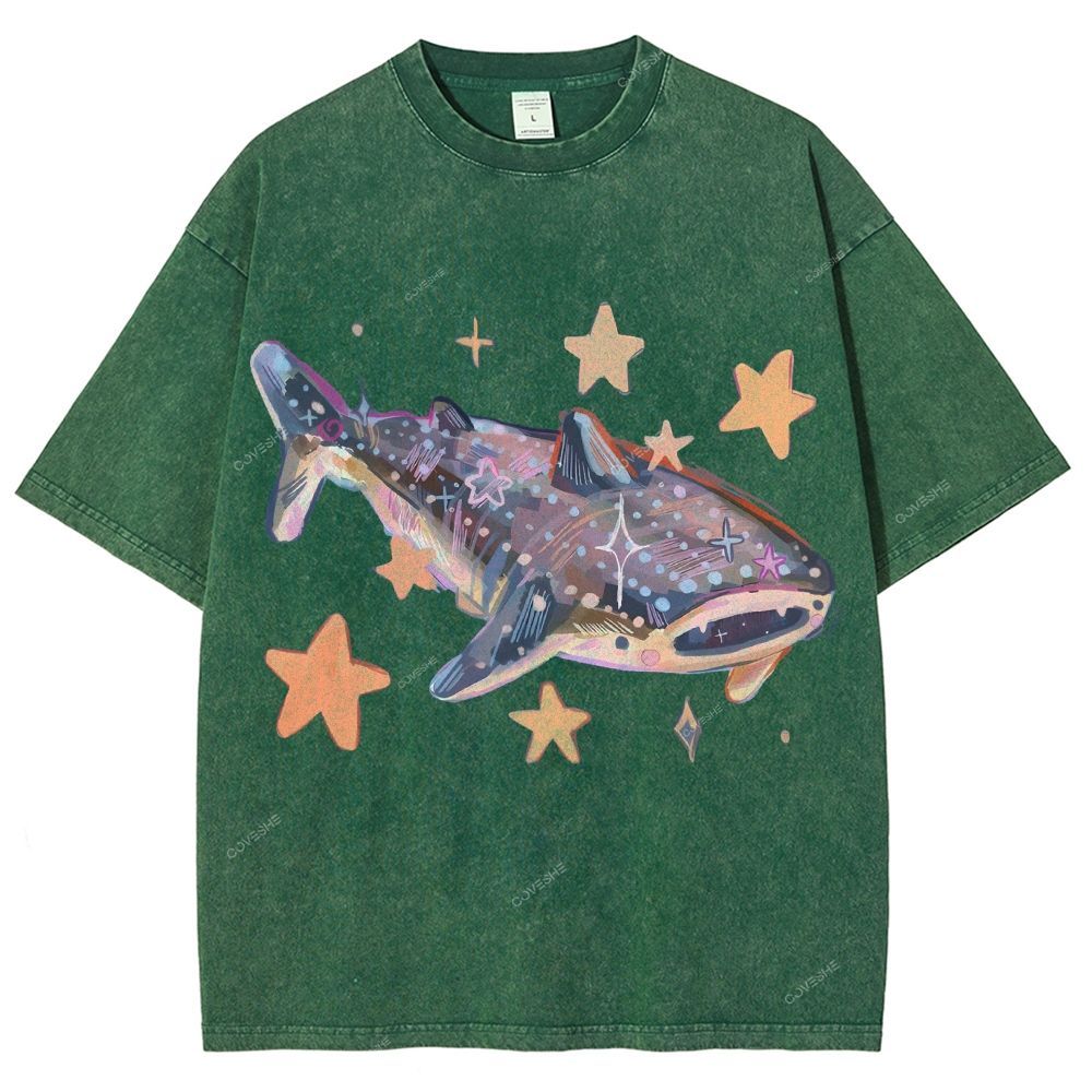 Unisex Cartoon Shark Printed Washed Tee