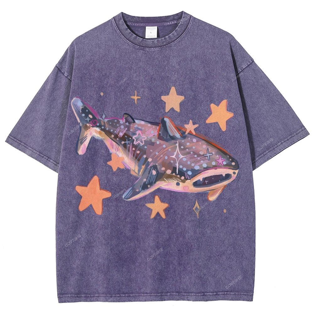 Unisex Cartoon Shark Printed Washed Tee