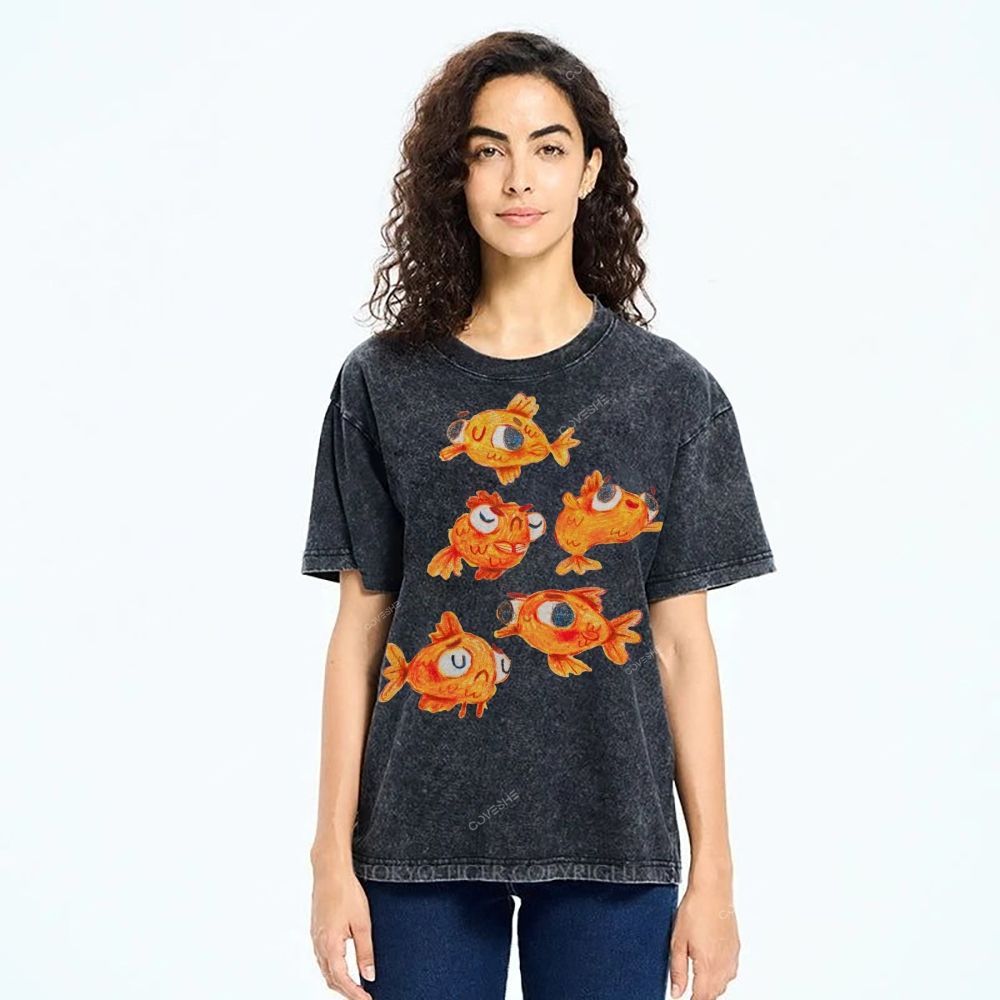 Unisex Art Cartoon Goldfish Printed Washed Tee