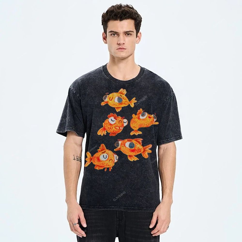 Unisex Art Cartoon Goldfish Printed Washed Tee