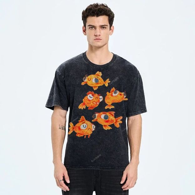 Unisex Art Cartoon Goldfish Printed Washed Tee