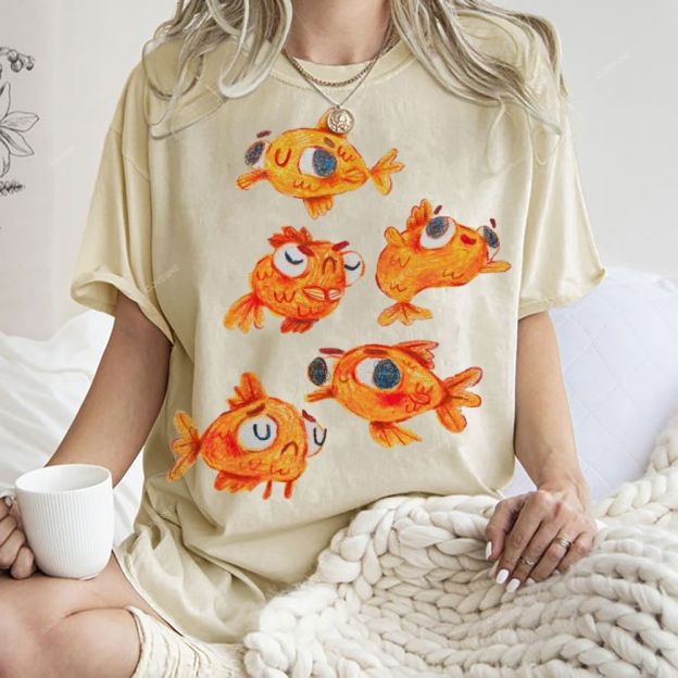 Unisex Art Cartoon Goldfish Printed Washed Tee
