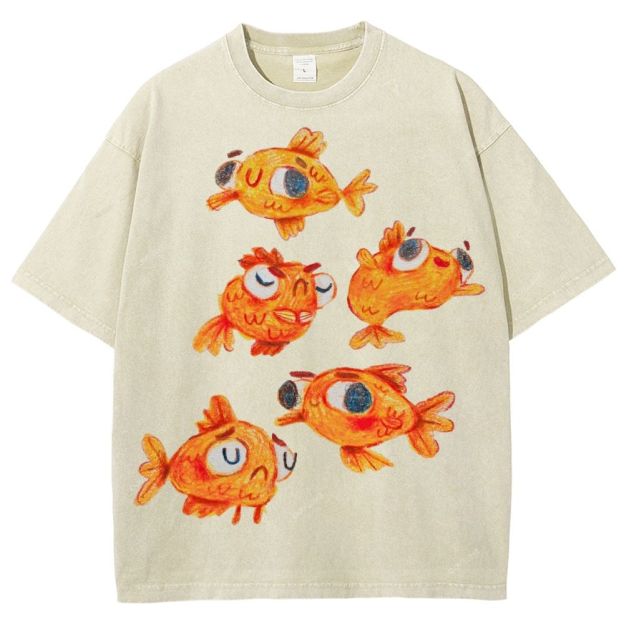 Unisex Art Cartoon Goldfish Printed Washed Tee