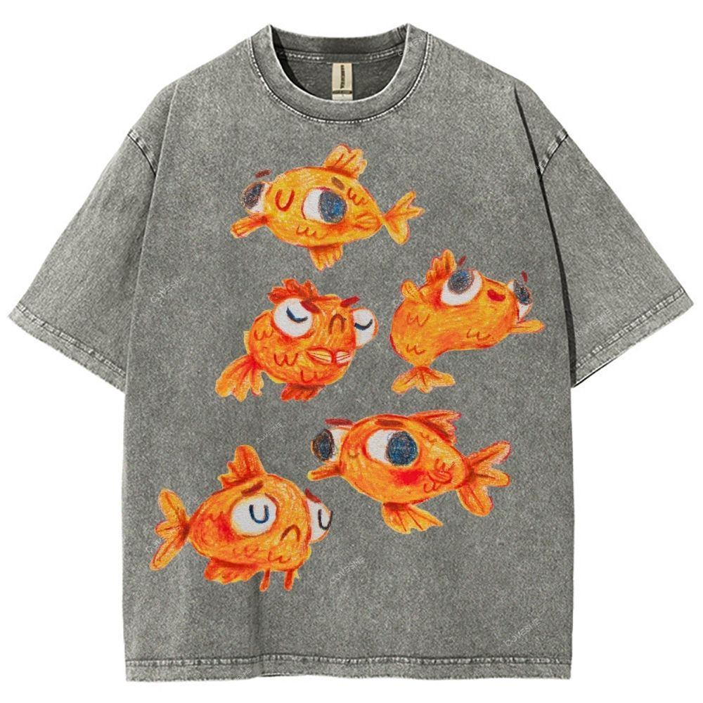 Unisex Art Cartoon Goldfish Printed Washed Tee