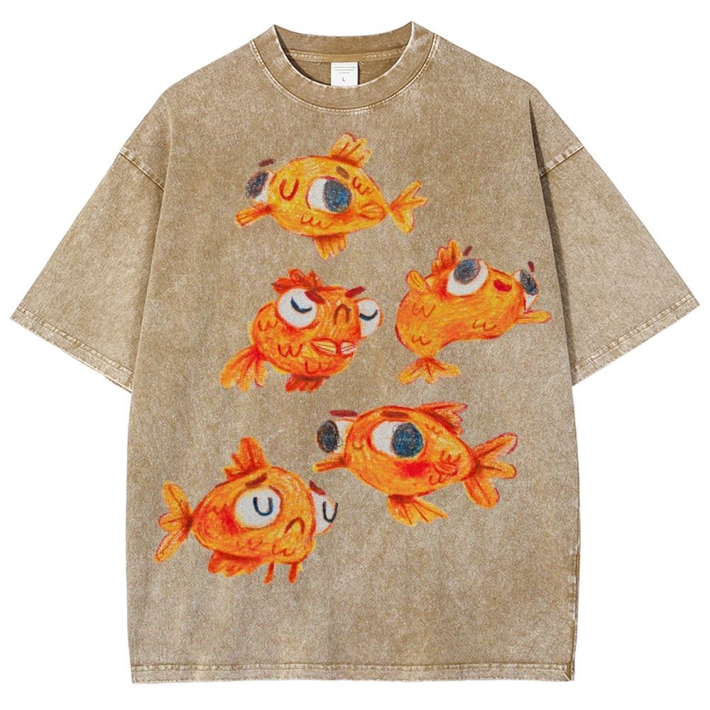 Unisex Art Cartoon Goldfish Printed Washed Tee