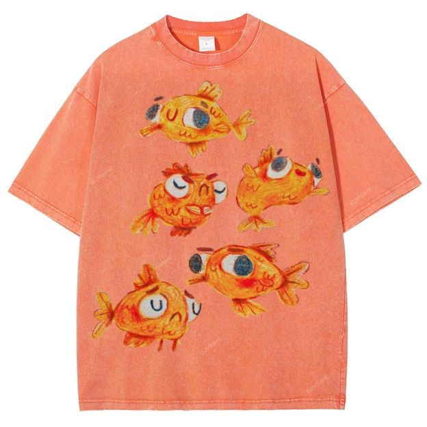 Unisex Art Cartoon Goldfish Printed Washed Tee