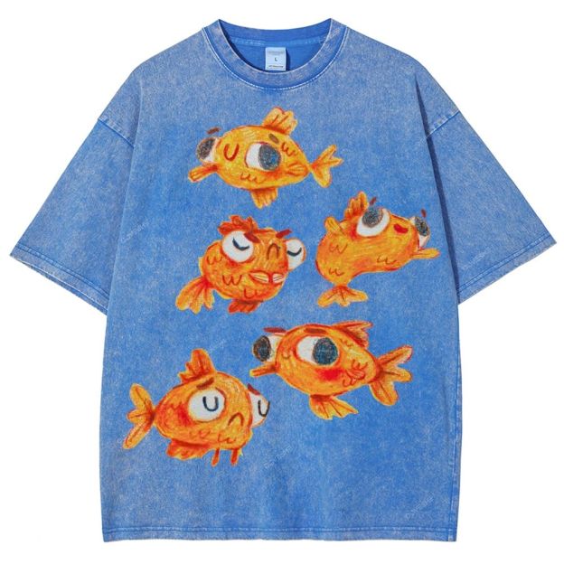 Unisex Art Cartoon Goldfish Printed Washed Tee