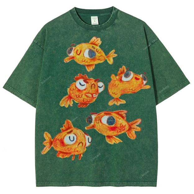 Unisex Art Cartoon Goldfish Printed Washed Tee