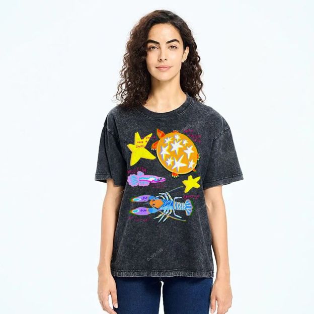 Unisex Cartoon Turtle Lobster Printed Washed Tee