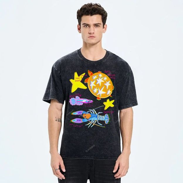 Unisex Cartoon Turtle Lobster Printed Washed Tee