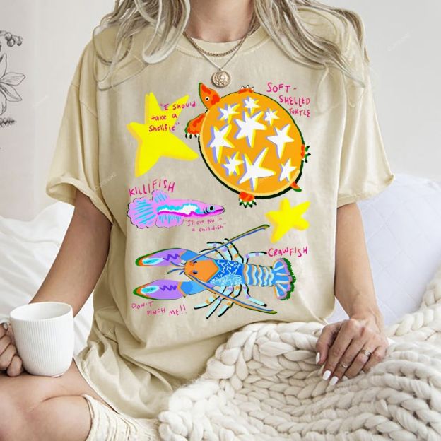 Unisex Cartoon Turtle Lobster Printed Washed Tee