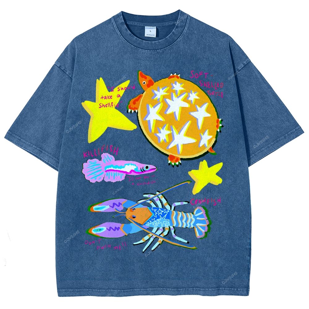 Unisex Cartoon Turtle Lobster Printed Washed Tee