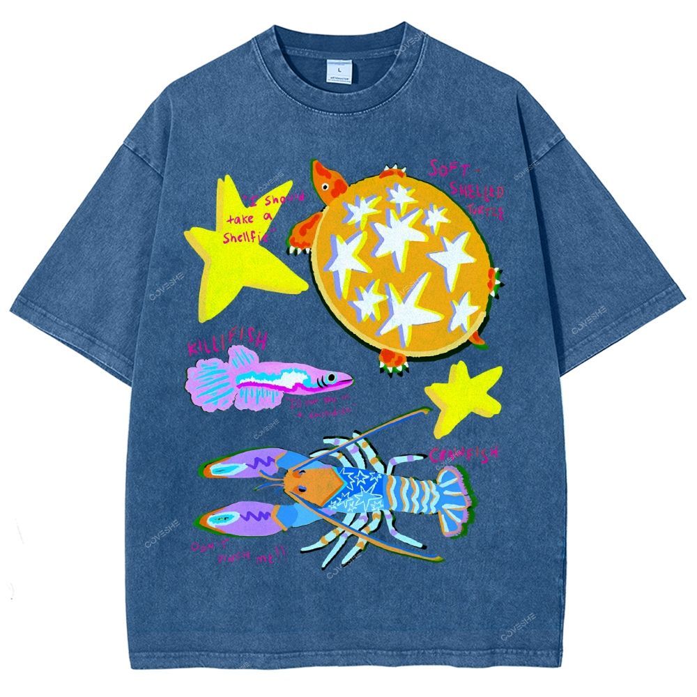 Unisex Cartoon Turtle Lobster Printed Washed Tee