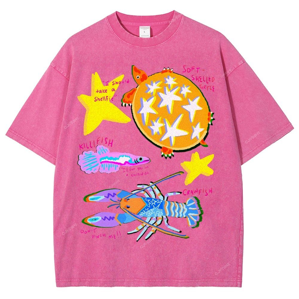 Unisex Cartoon Turtle Lobster Printed Washed Tee