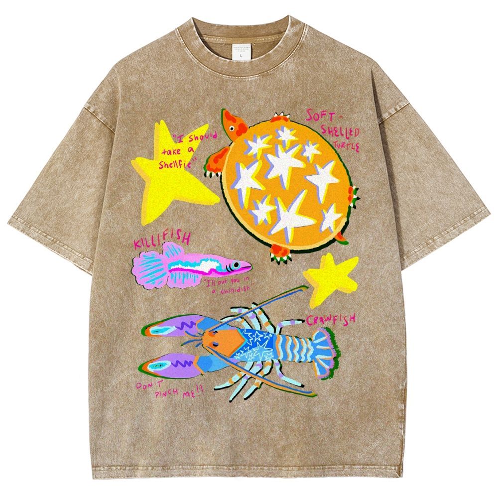 Unisex Cartoon Turtle Lobster Printed Washed Tee