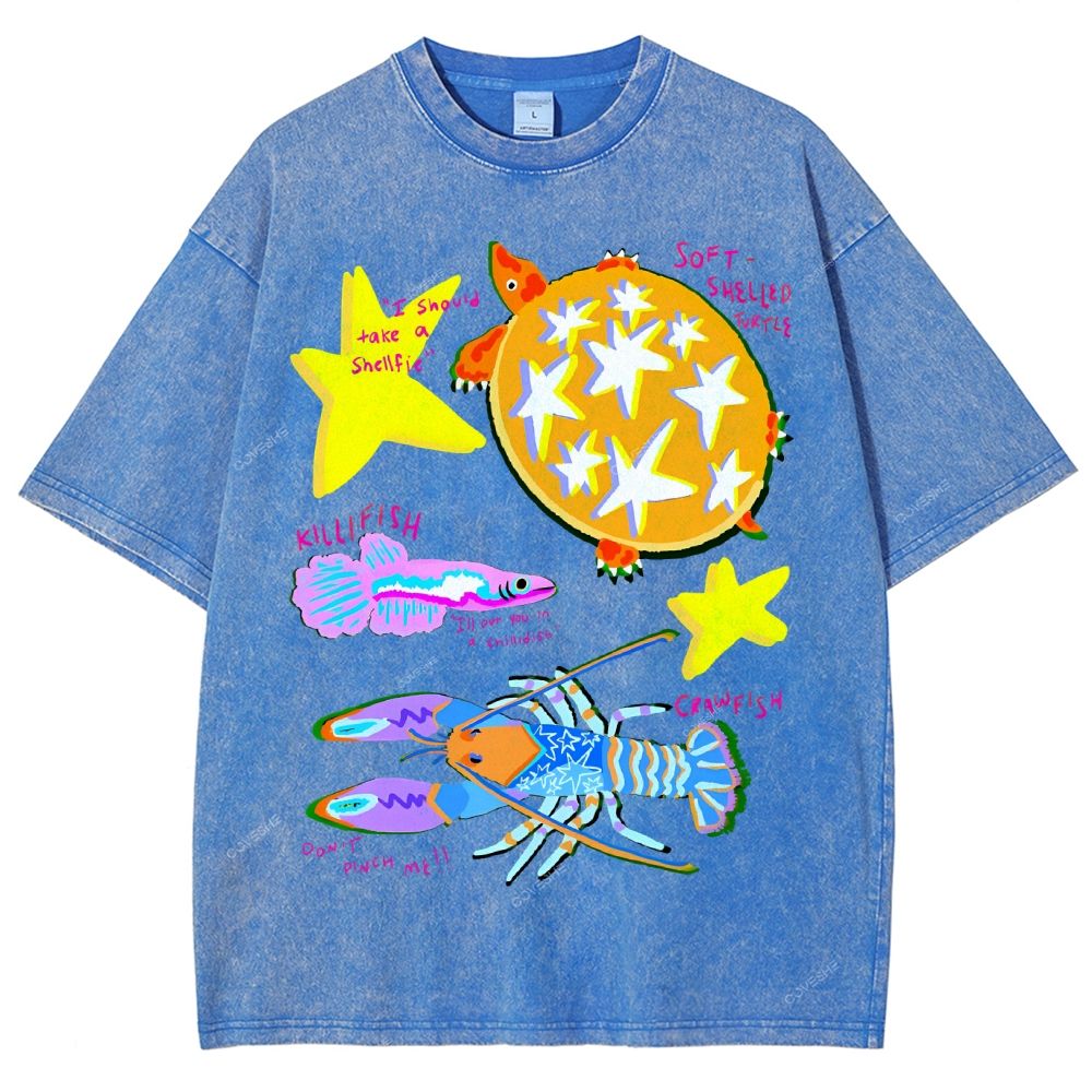 Unisex Cartoon Turtle Lobster Printed Washed Tee