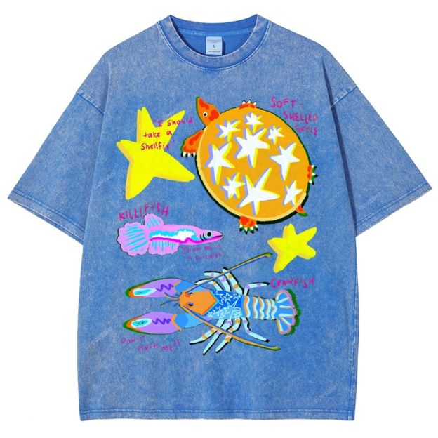 Unisex Cartoon Turtle Lobster Printed Washed Tee