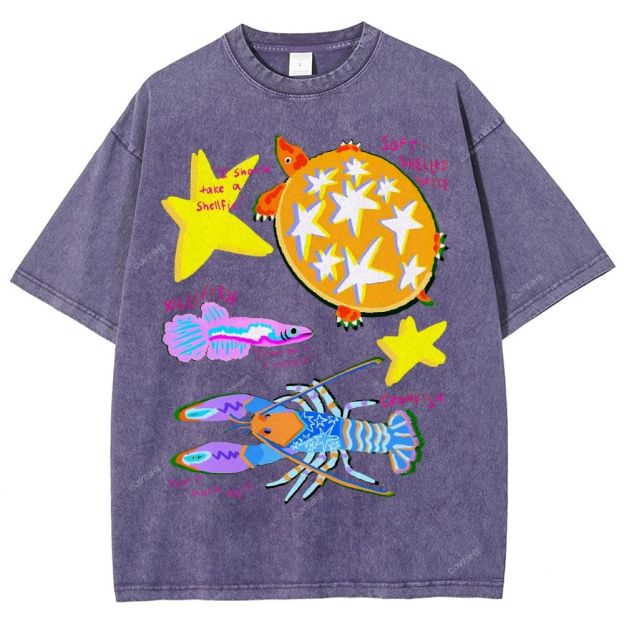 Unisex Cartoon Turtle Lobster Printed Washed Tee