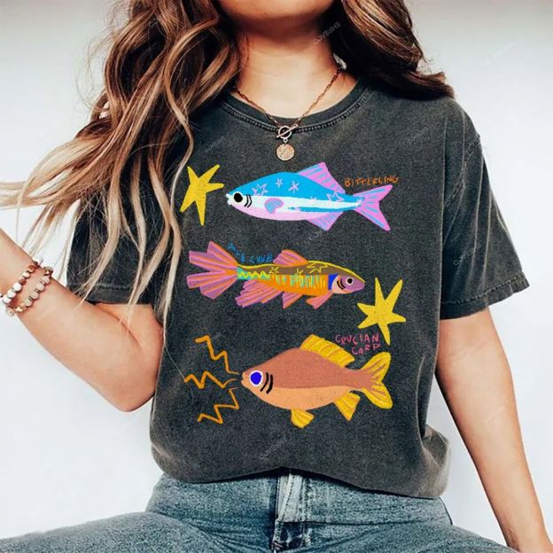Unisex Colorful Cartoon Fish Printed Washed Tee