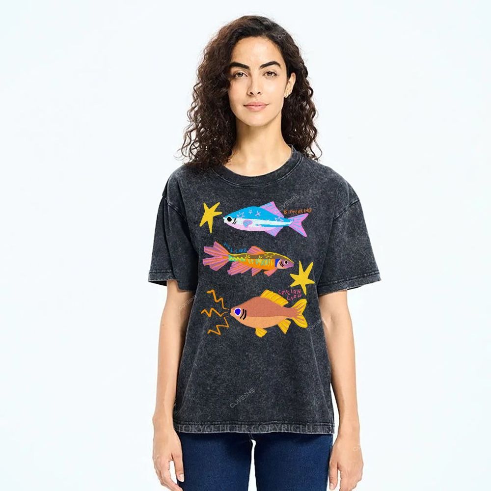 Unisex Colorful Cartoon Fish Printed Washed Tee