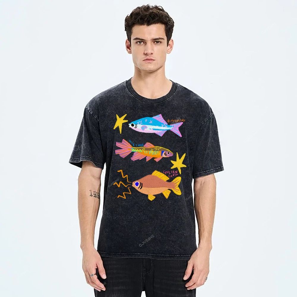 Unisex Colorful Cartoon Fish Printed Washed Tee