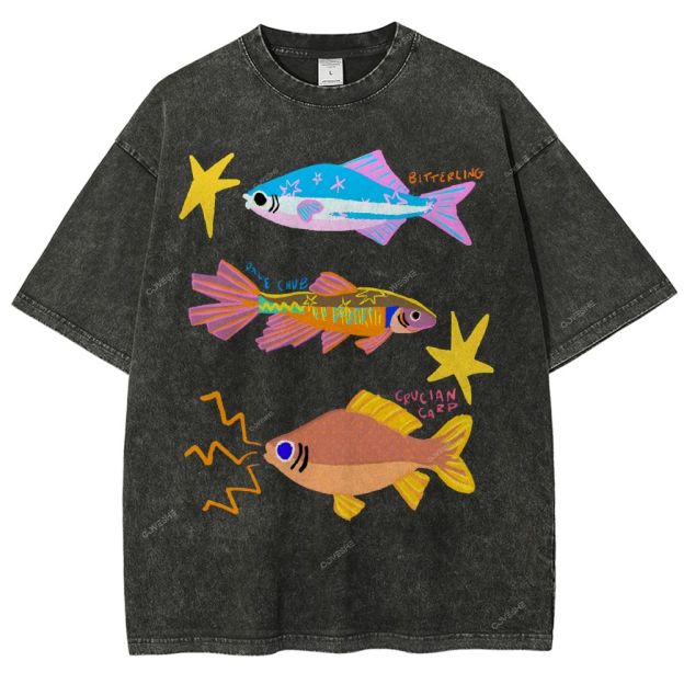 Unisex Colorful Cartoon Fish Printed Washed Tee