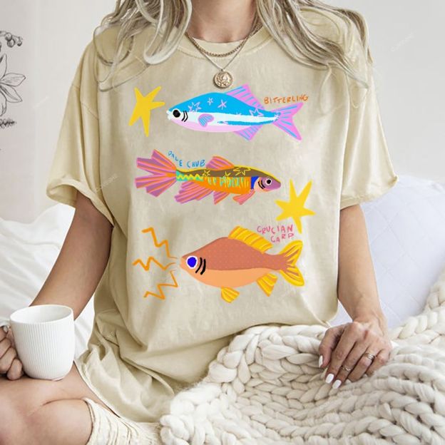 Unisex Colorful Cartoon Fish Printed Washed Tee