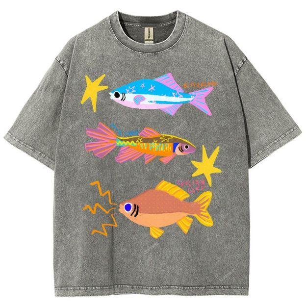 Unisex Colorful Cartoon Fish Printed Washed Tee
