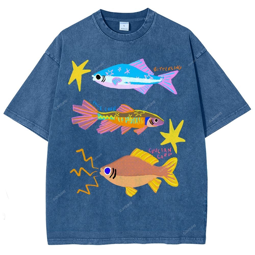 Unisex Colorful Cartoon Fish Printed Washed Tee