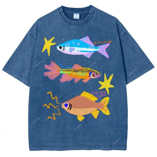 Unisex Colorful Cartoon Fish Printed Washed Tee