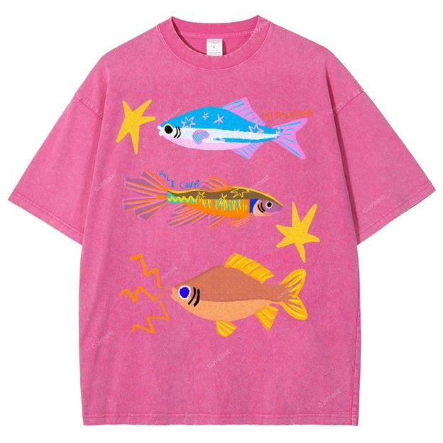 Unisex Colorful Cartoon Fish Printed Washed Tee